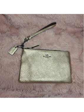 COACH Metallic Gold Pebbled Leather Corner Zip Wristlet